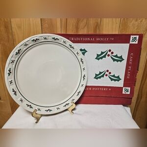 Longaberger Pottery Traditional Holly Cake Plate 14.5" #37125 Made in the USA